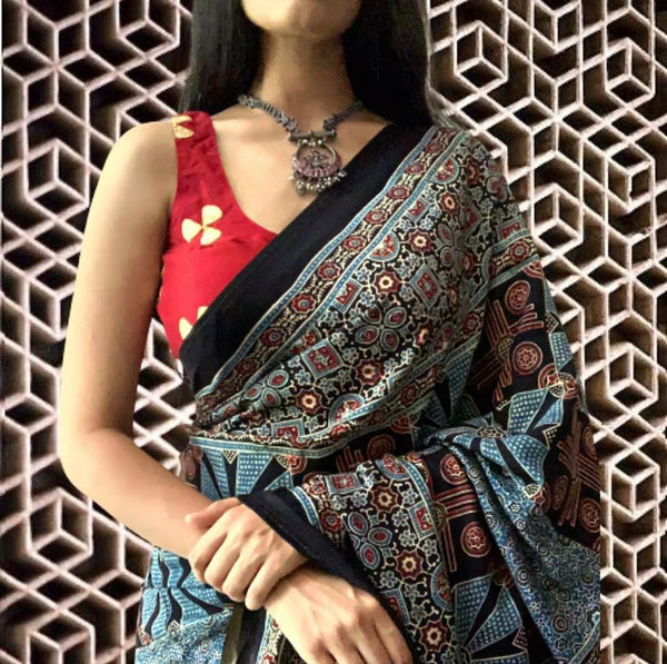 Maroon Pure Modal Silk Saree with Ajrakh Hand Block Prints - Mirra Clothing